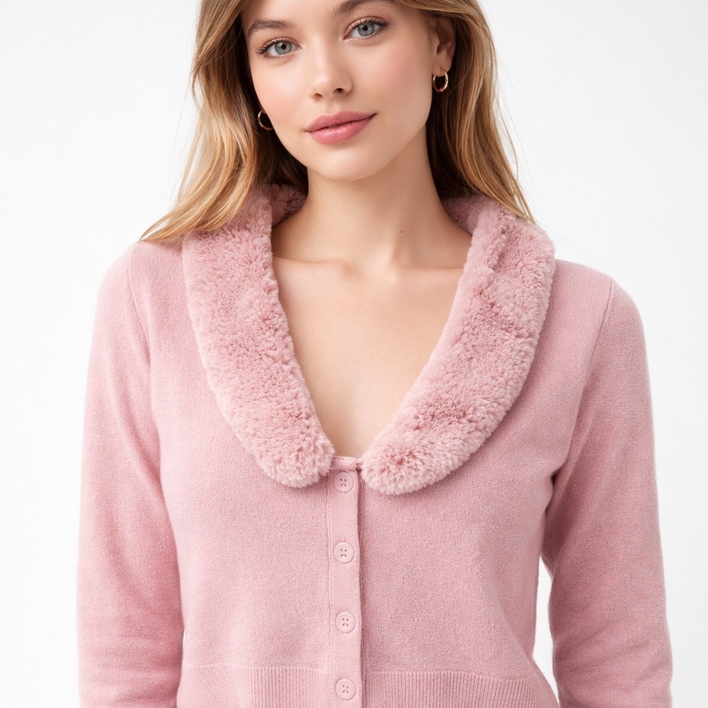 Aritzia Sunday Best Pink Faux Fur Collar Cardigan Size S